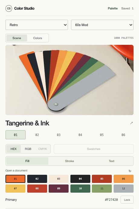 Color Studio development interface showing style selection, a palette fan and colour controls
