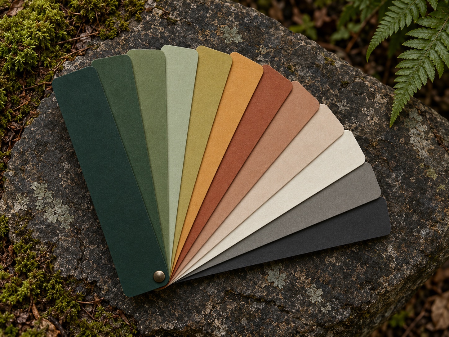 A colour fan of forest greens and soft earth tones