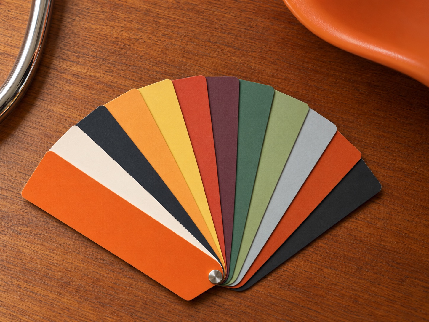 An orange and charcoal colour fan on a wooden studio table